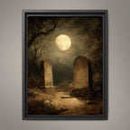 Gothic Graveyard Wall Art Print, Moonlit Cemetery Landscape, Dark Academia Tombstone Decor Artwork