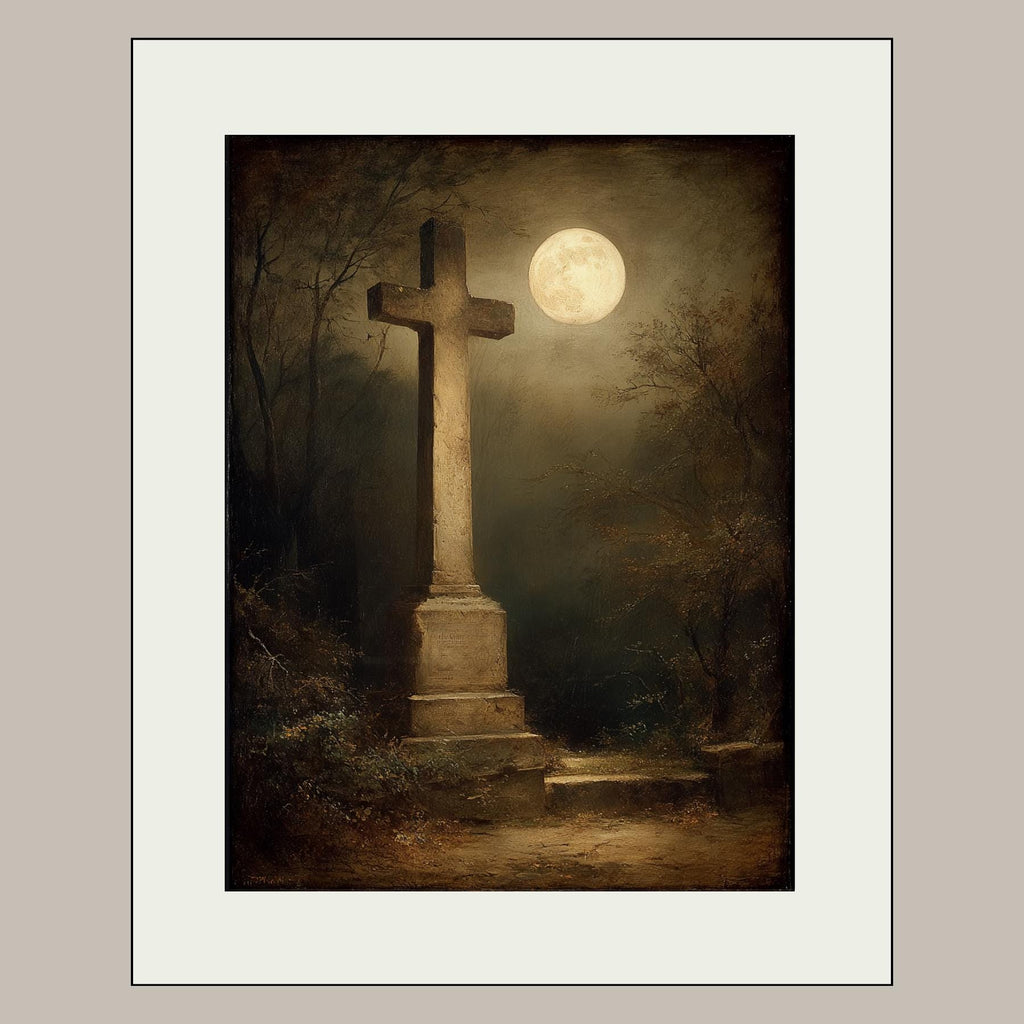 Moonlit Cross Tombstone Wall Art, Gothic Churchyard Print, Haunted Victorian Memorial Graveyard Decor