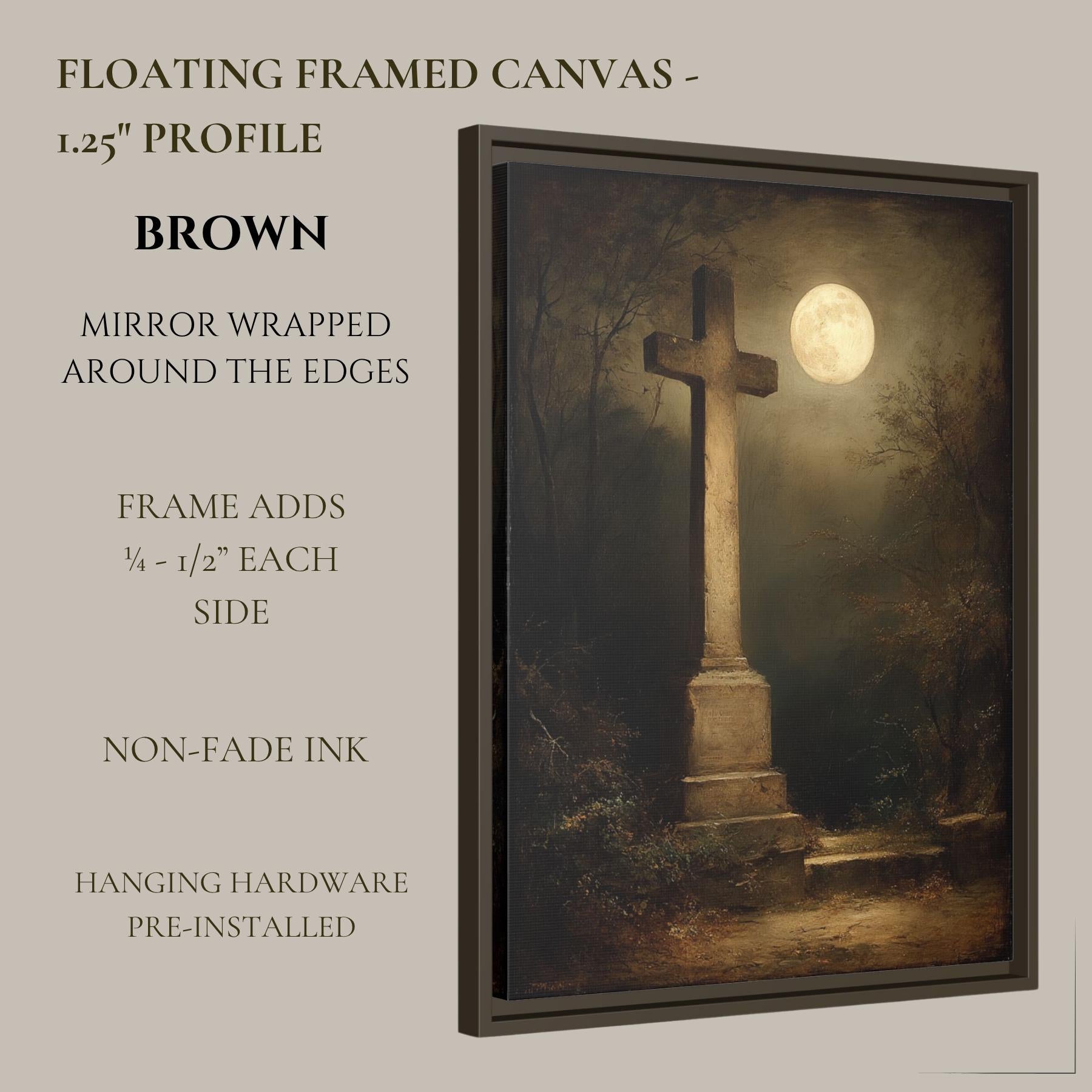 Moonlit Cross Tombstone Wall Art, Gothic Churchyard Print, Haunted Victorian Memorial Graveyard Decor