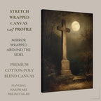Moonlit Cross Tombstone Wall Art, Gothic Churchyard Print, Haunted Victorian Memorial Graveyard Decor