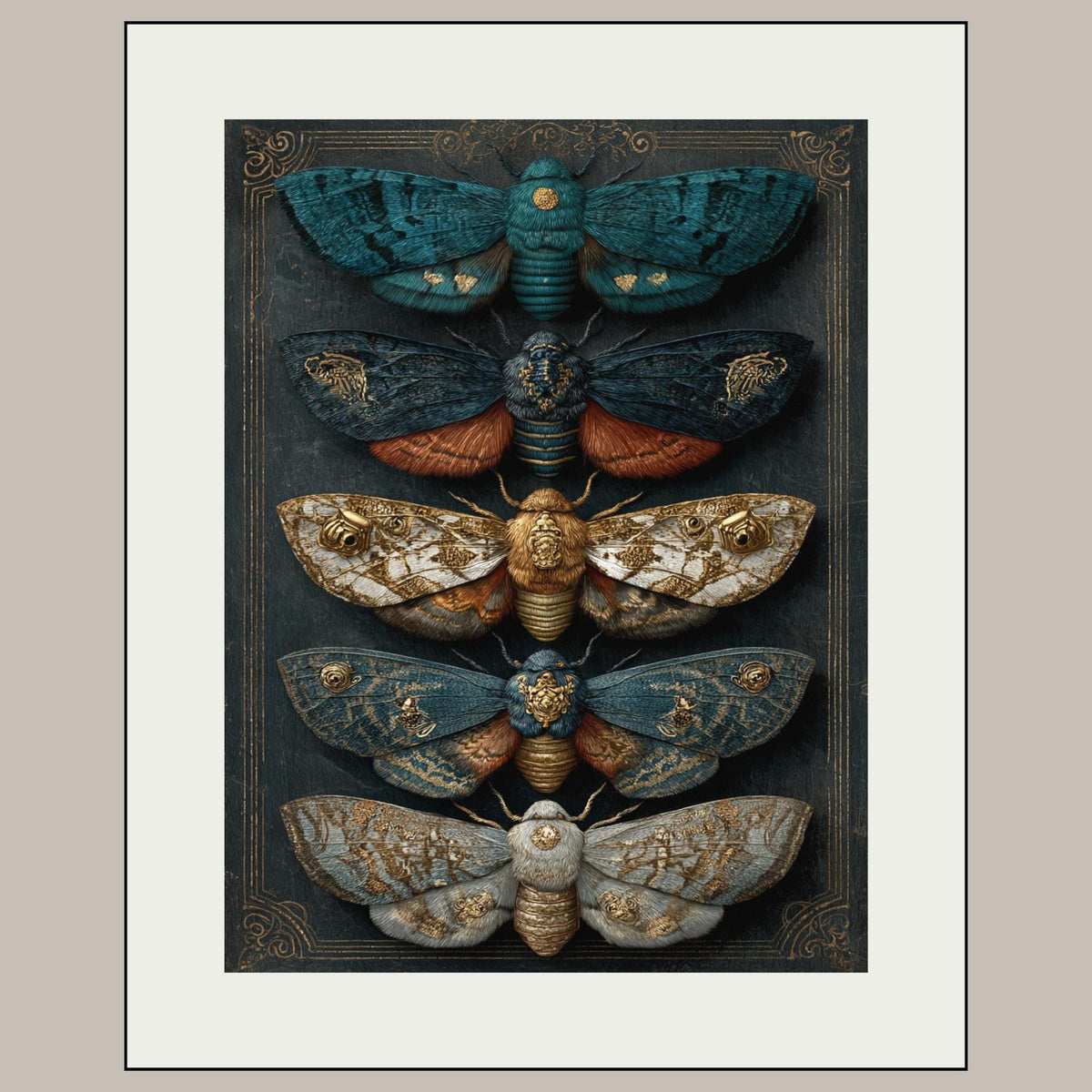 Five Moths Wall Art Print, Dark Academia Moth Specimen Board, Victorian Entomology Decor Artwork