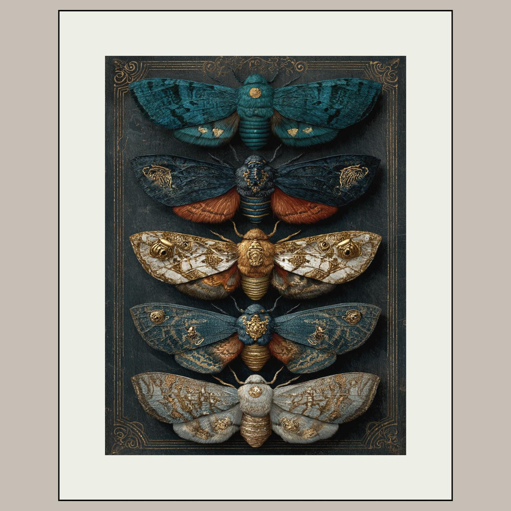 Five Moths Wall Art Print, Dark Academia Moth Specimen Board, Victorian Entomology Decor Artwork