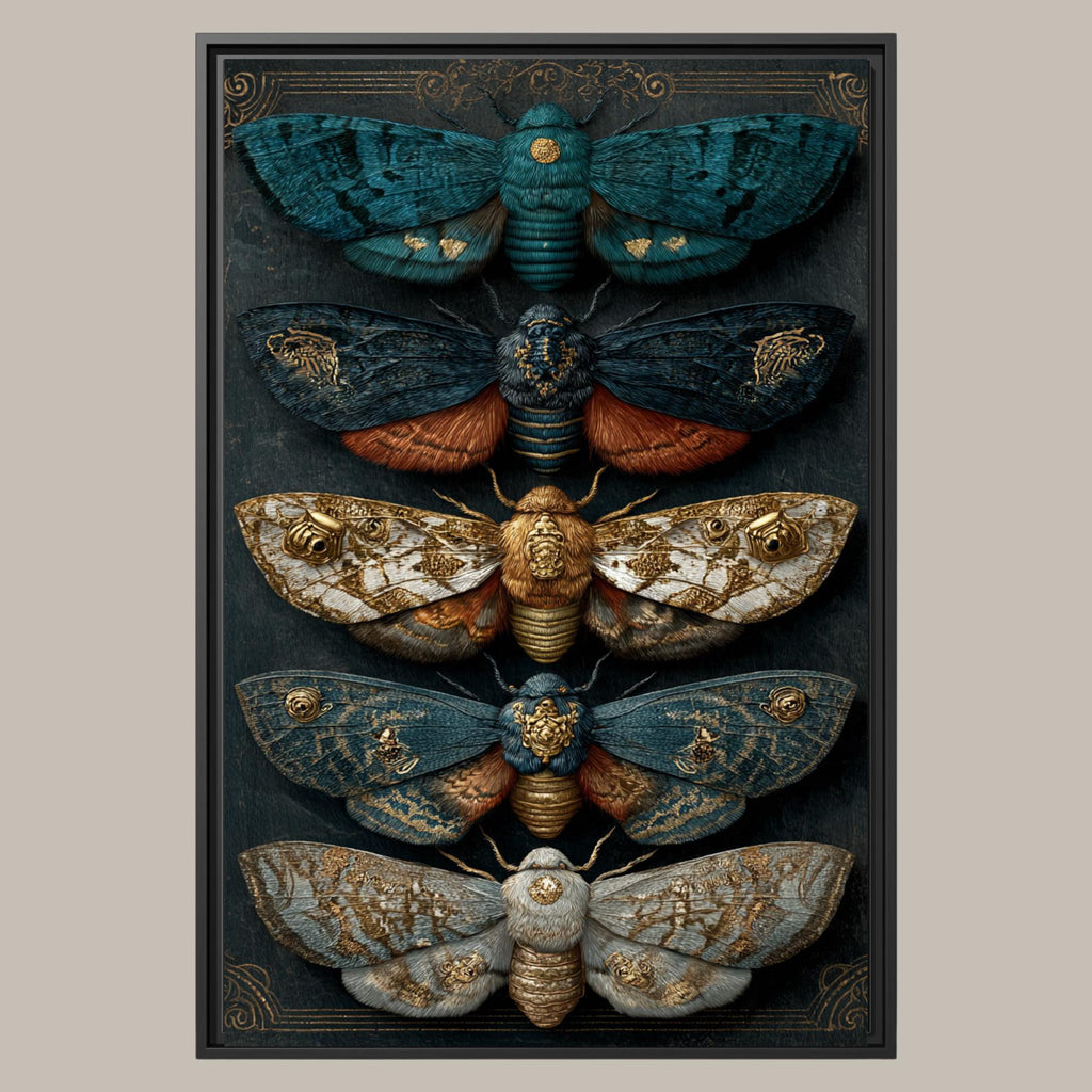Five Moths Wall Art Print, Dark Academia Moth Specimen Board, Victorian Entomology Decor Artwork