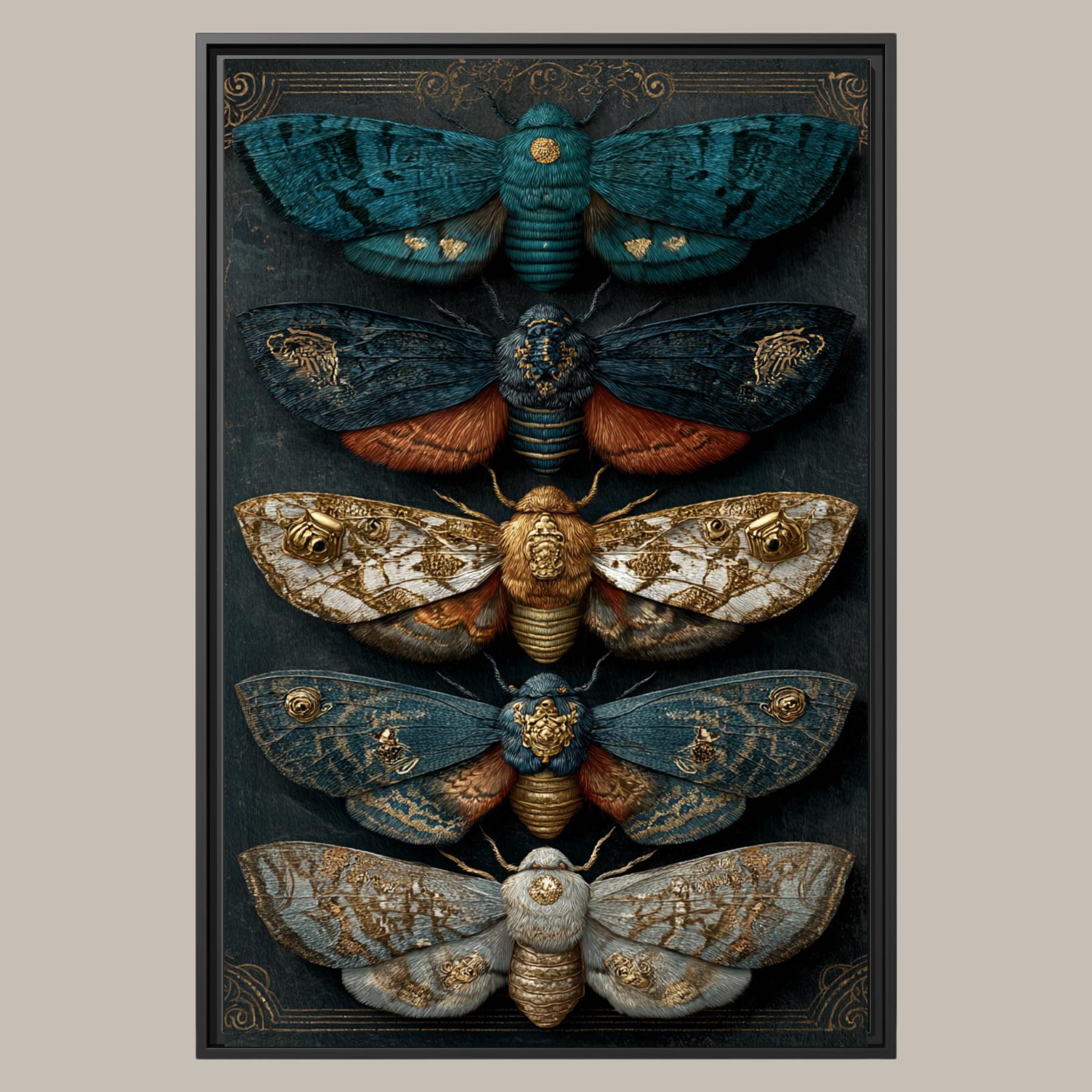 Five Moths Wall Art Print, Dark Academia Moth Specimen Board, Victorian Entomology Decor Artwork