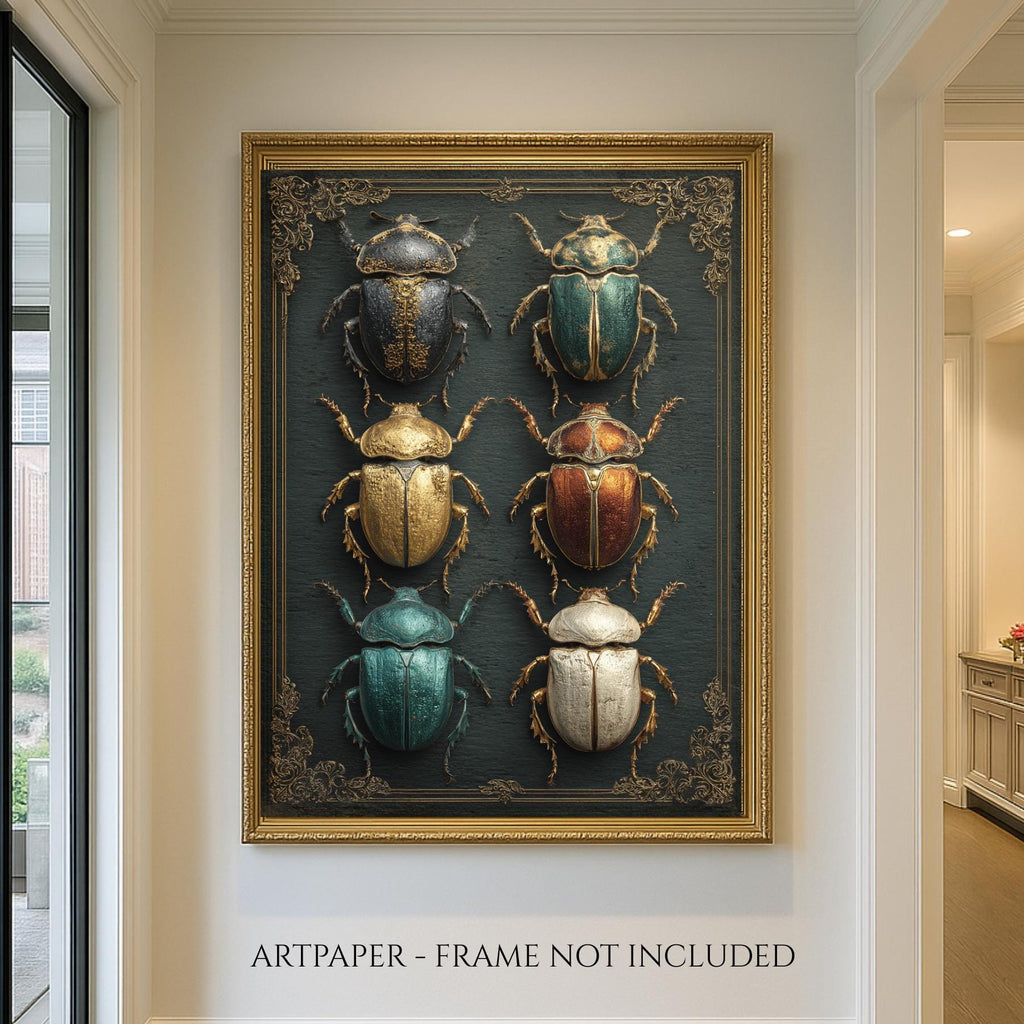 Beetle Specimen Board Wall Art Print, Victorian Insect Decor, Curiosity Cabinet Artwork, Entomology Painting