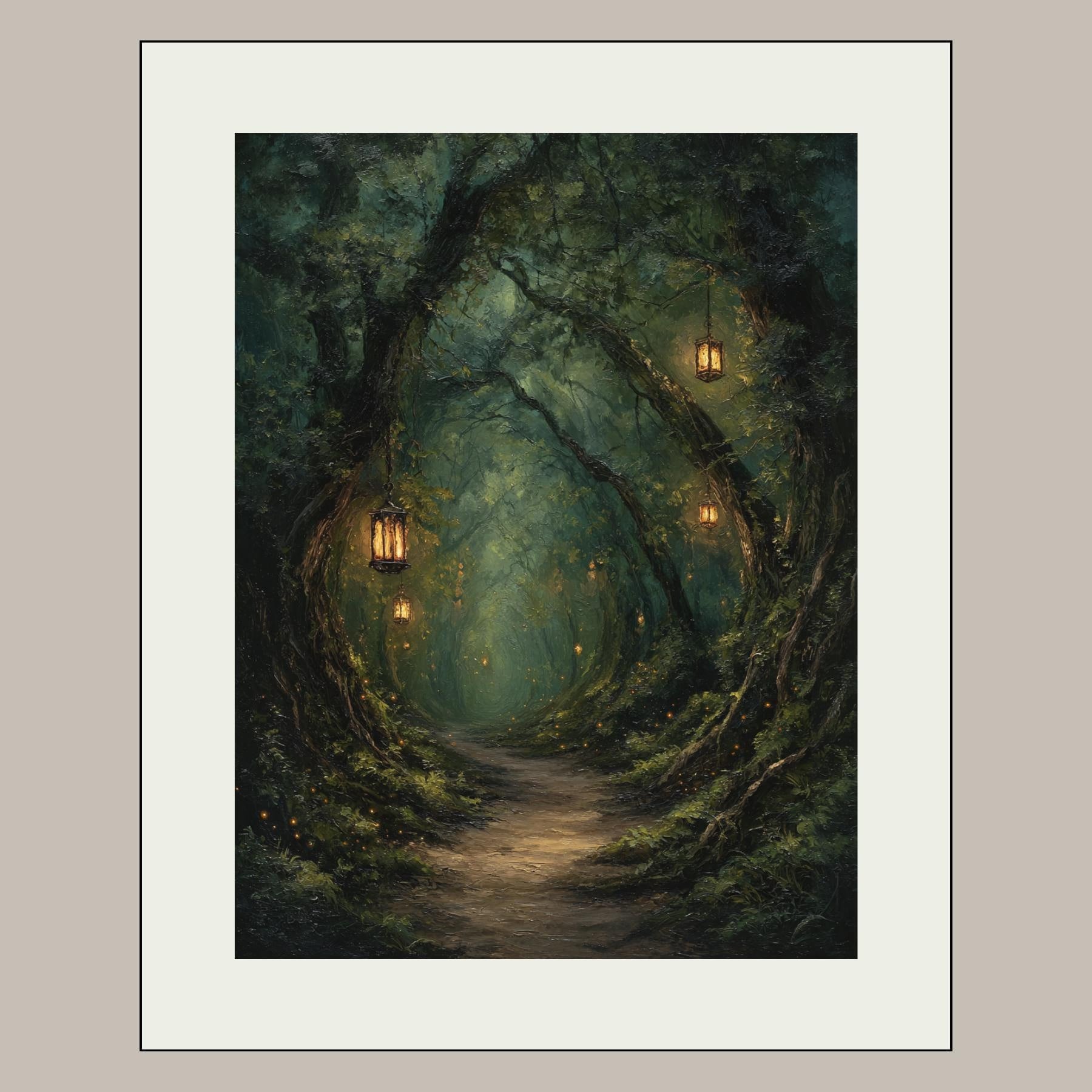 Lanterns Lighting Tunnel Through Trees, Forest Path Wall Art, Enchanted Fantasy Woodland Print,