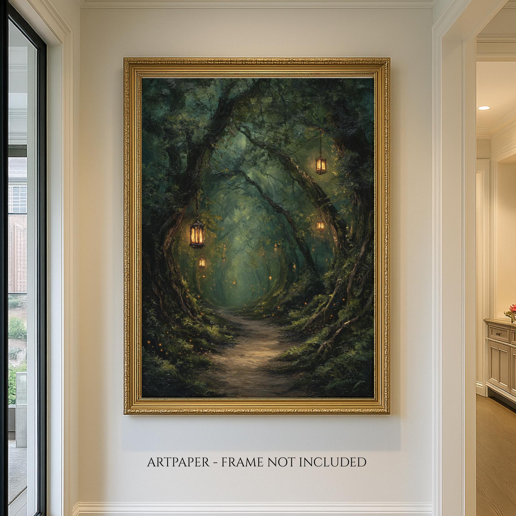 Lanterns Lighting Tunnel Through Trees, Forest Path Wall Art, Enchanted Fantasy Woodland Print, Secondary image