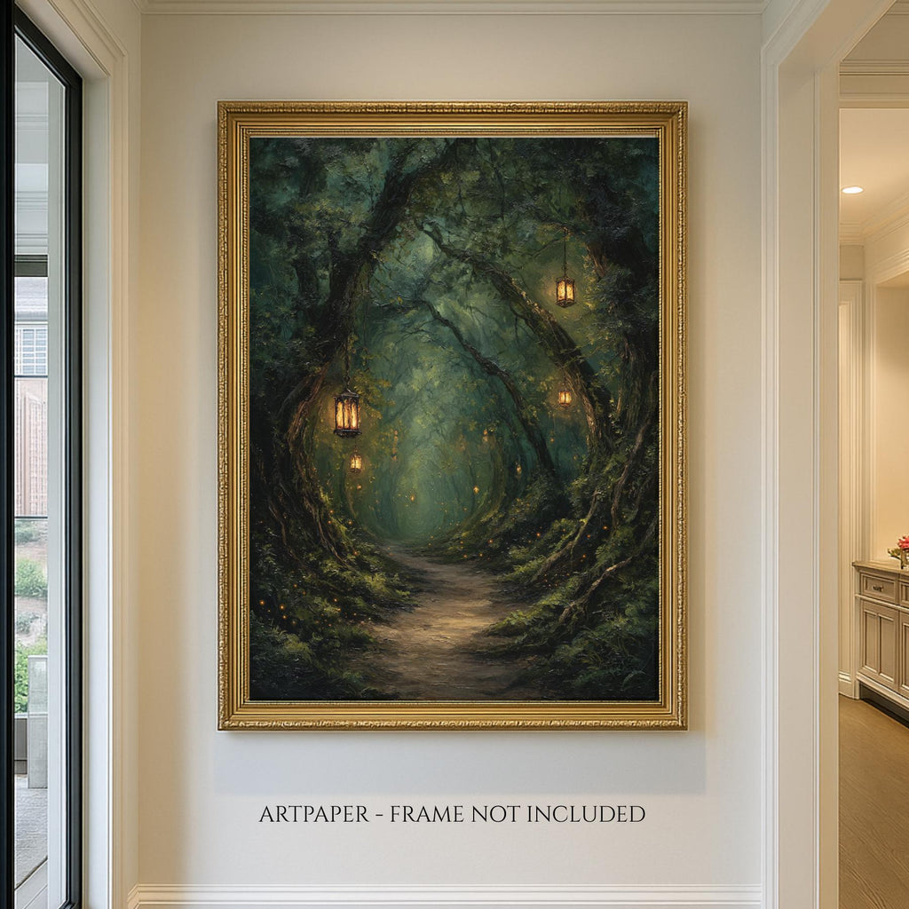 Lanterns Lighting Tunnel Through Trees, Forest Path Wall Art, Enchanted Fantasy Woodland Print,
