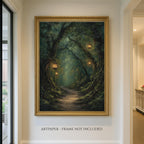 Lanterns Lighting Tunnel Through Trees, Forest Path Wall Art, Enchanted Fantasy Woodland Print,