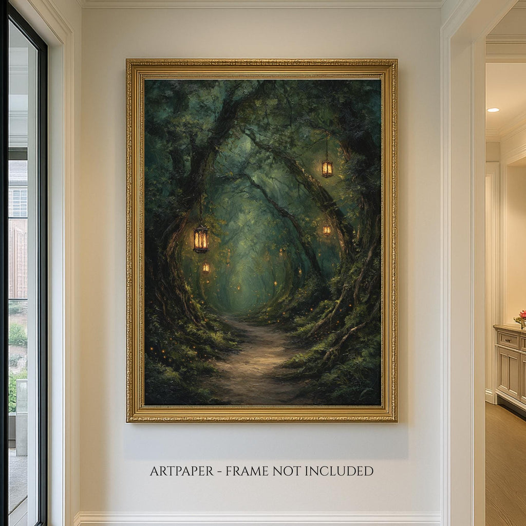 Lanterns Lighting Tunnel Through Trees, Forest Path Wall Art, Enchanted Fantasy Woodland Print,