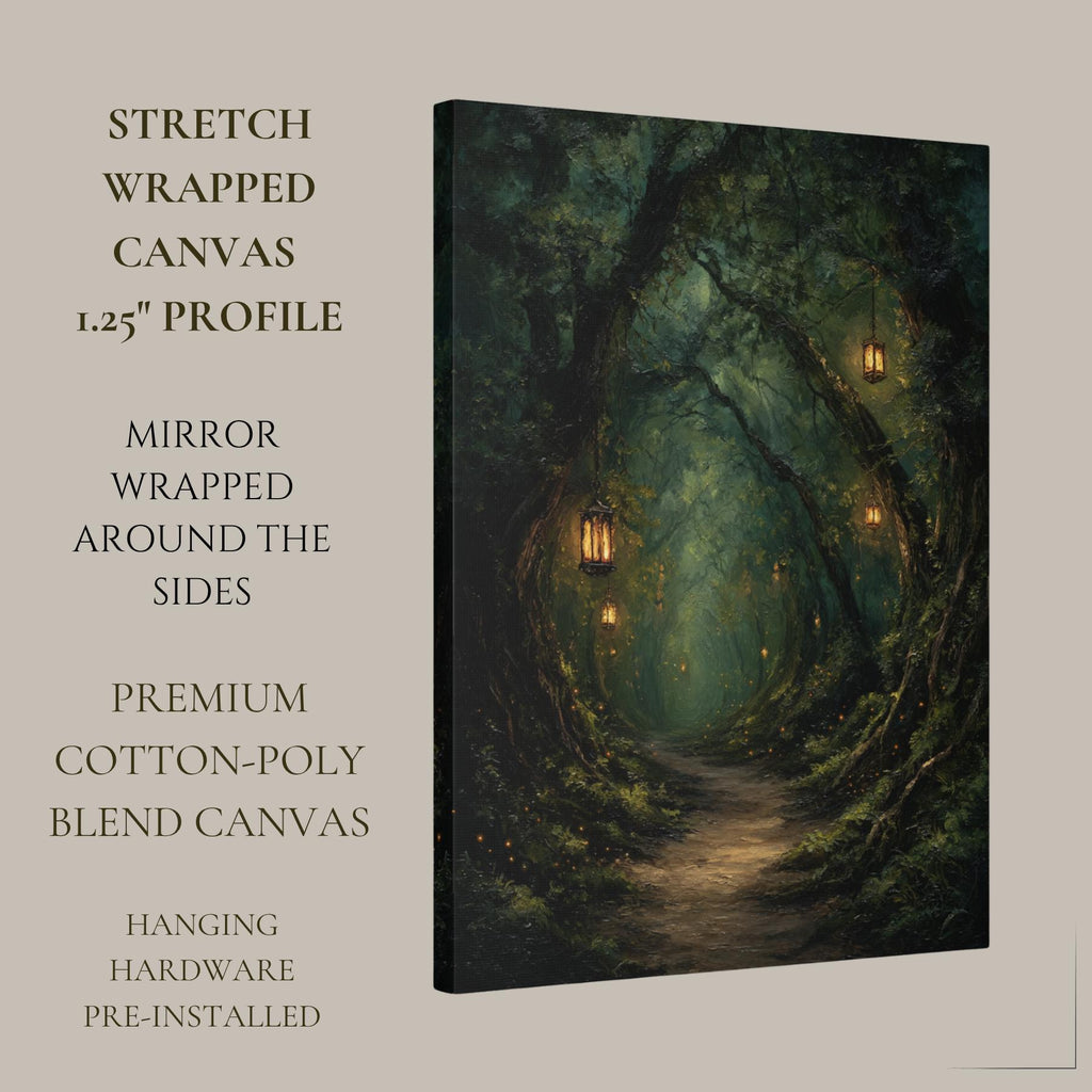 Lanterns Lighting Tunnel Through Trees, Forest Path Wall Art, Enchanted Fantasy Woodland Print,