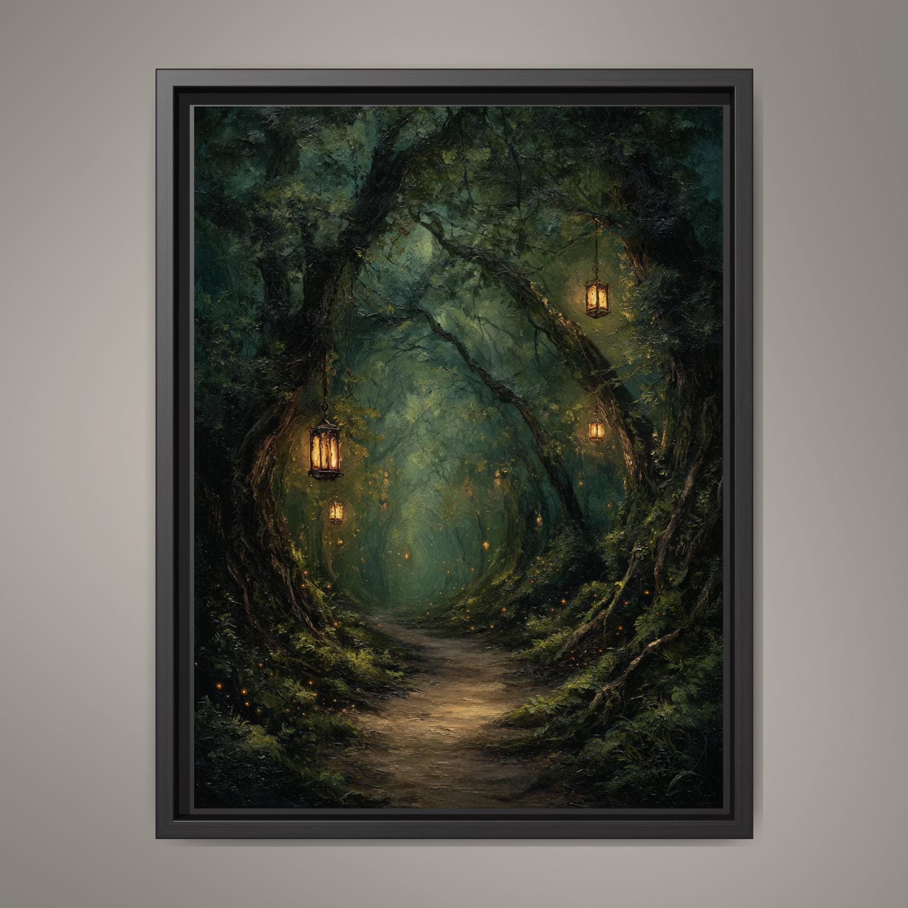 Lanterns Lighting Tunnel Through Trees, Forest Path Wall Art, Enchanted Fantasy Woodland Print, Main image