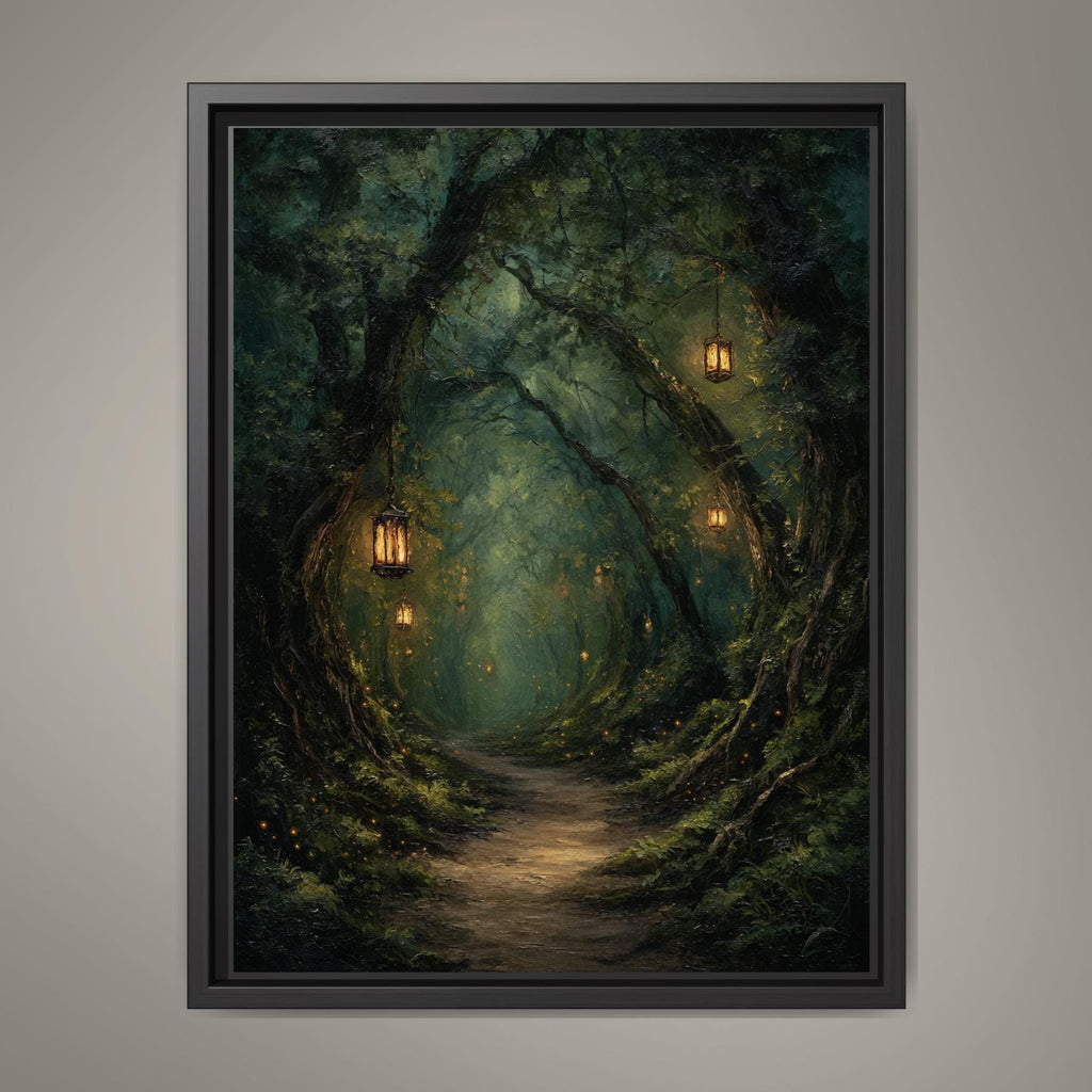 Lanterns Lighting Tunnel Through Trees, Forest Path Wall Art, Enchanted Fantasy Woodland Print,