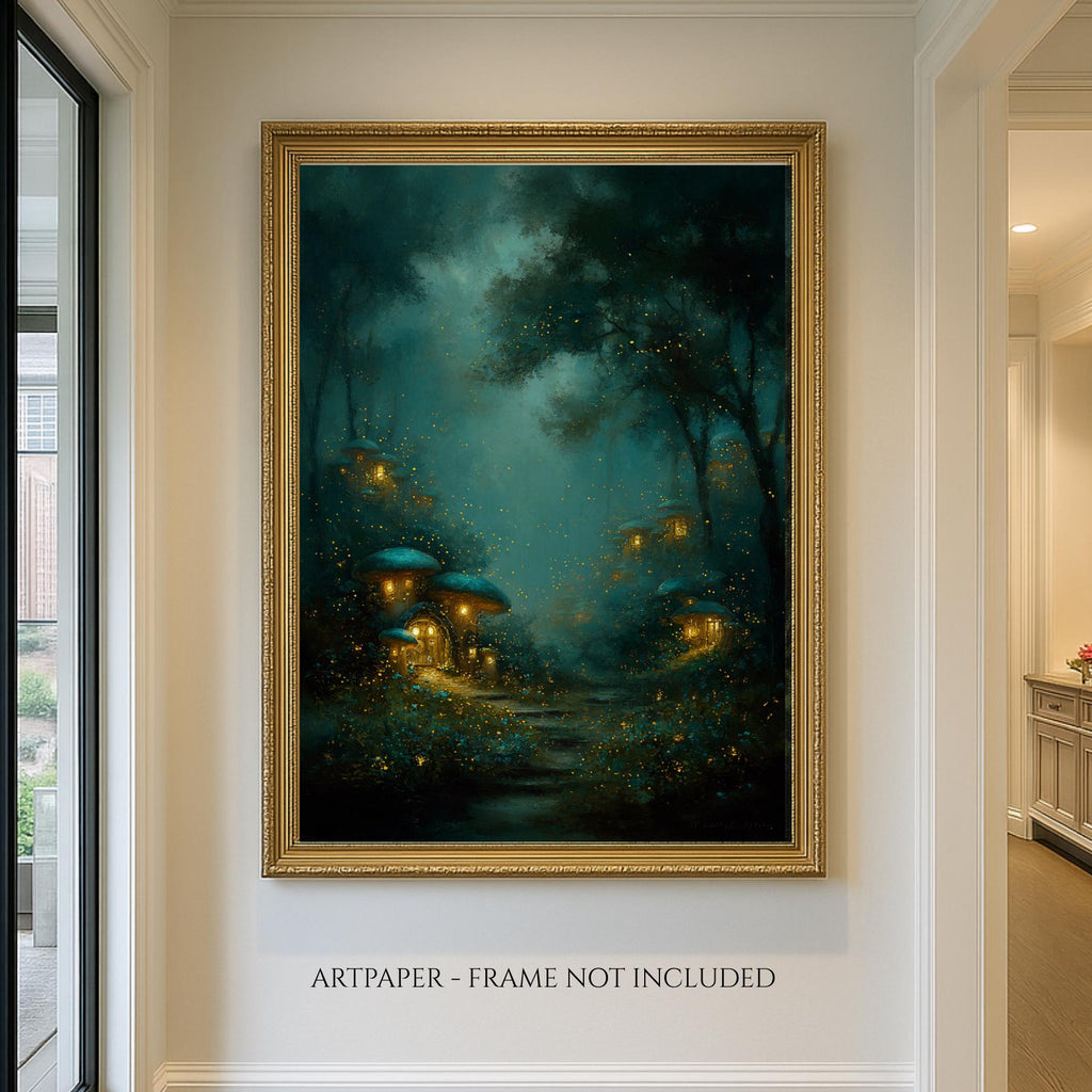 Enchanted Fairy Village Wall Art, Glowing Fireflies Forest Print, Magical Night Woodland Decor