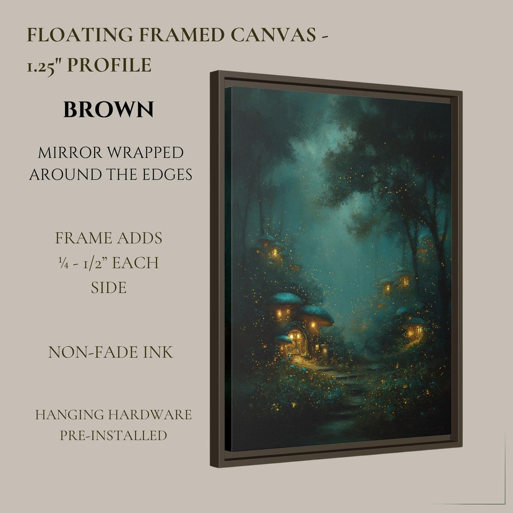 Enchanted Fairy Village Wall Art, Glowing Fireflies Forest Print, Magical Night Woodland Decor