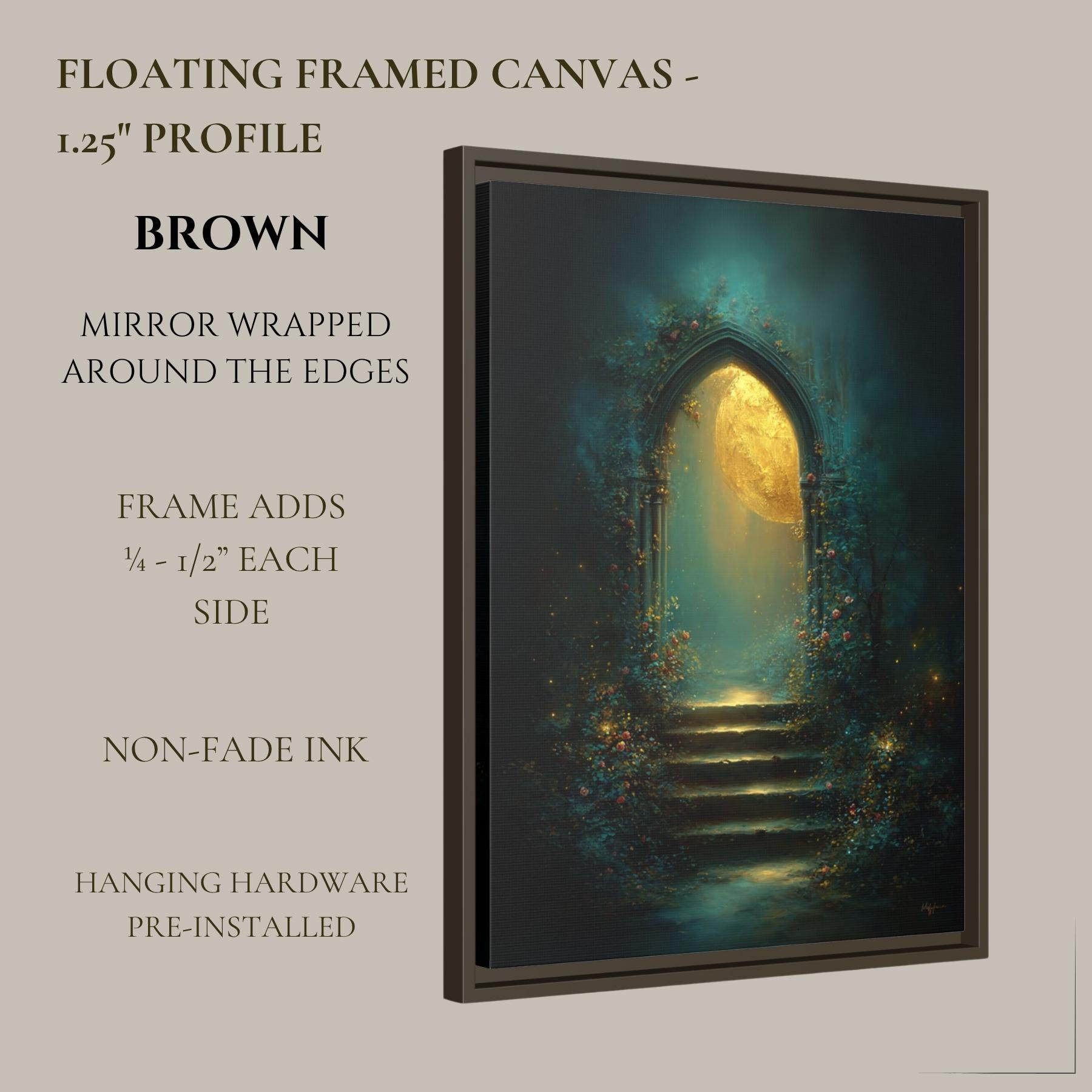 Golden Moon Through Gothic Archway Wall Art, Roses Around Arch Print, Enchanted Stairway Decor