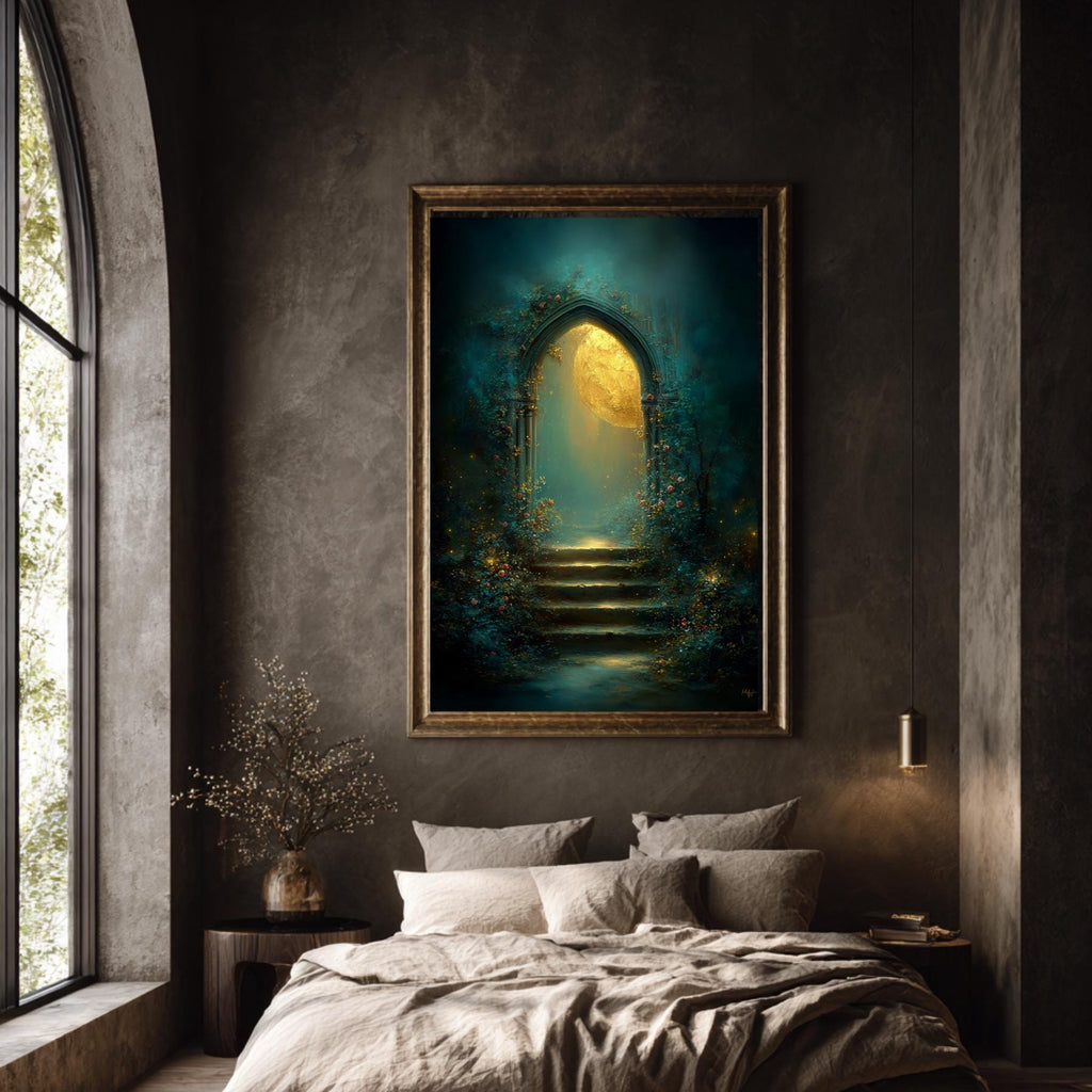 Golden Moon Through Gothic Archway Wall Art, Roses Around Arch Print, Enchanted Stairway Decor