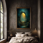 Golden Moon Through Gothic Archway Wall Art, Roses Around Arch Print, Enchanted Stairway Decor
