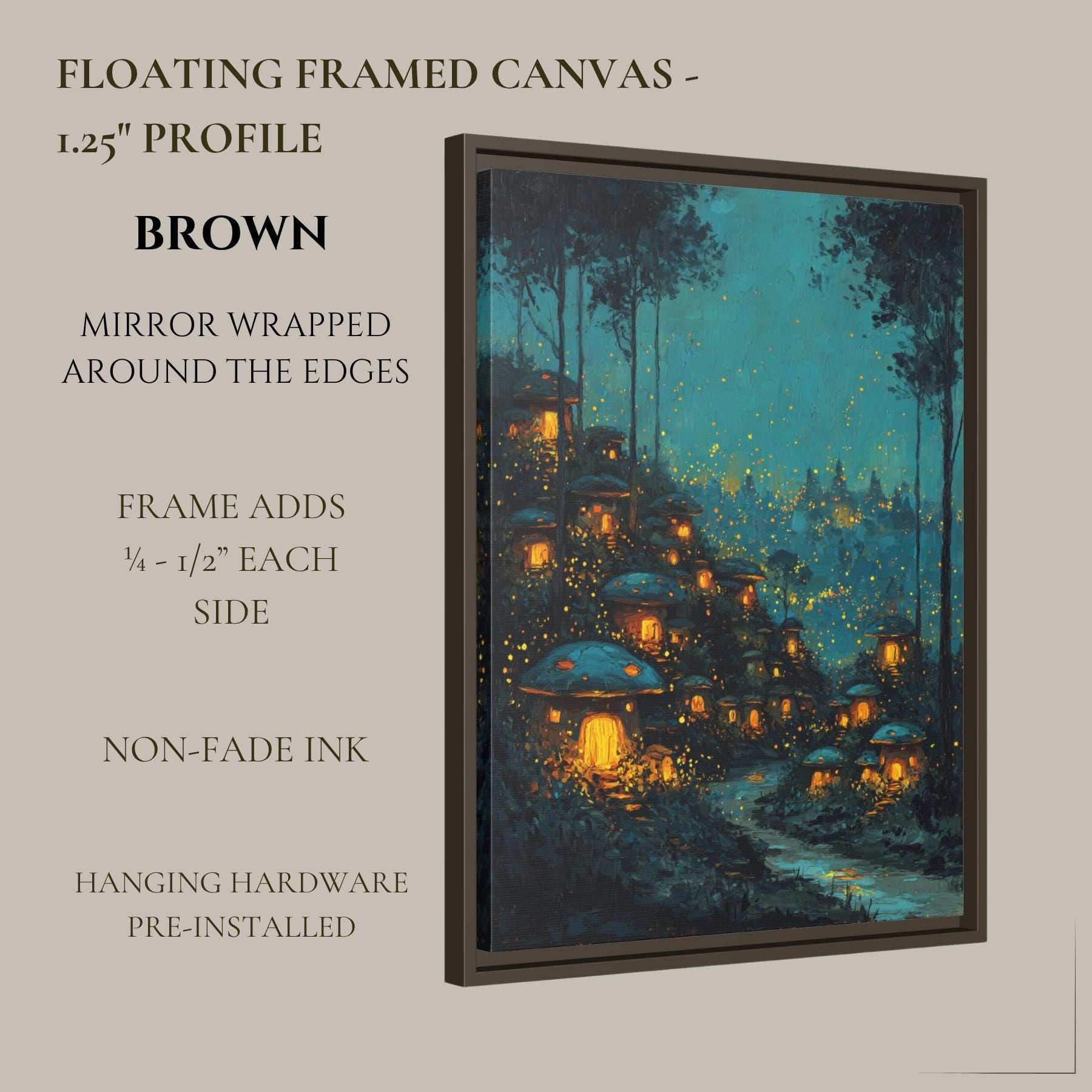 Enchanted Toadstool Cottages Wall Art Print, Fairy Village Glowing Woodland Nightime Painting