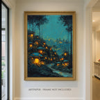 Enchanted Toadstool Cottages Wall Art Print, Fairy Village Glowing Woodland Nightime Painting