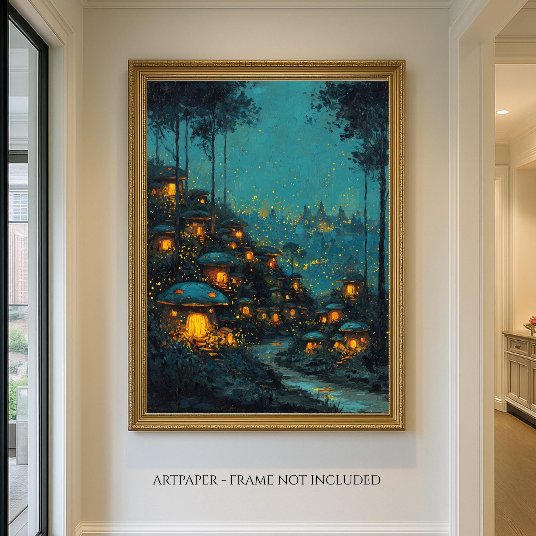 Enchanted Toadstool Cottages Wall Art Print, Fairy Village Glowing Woodland Nightime Painting