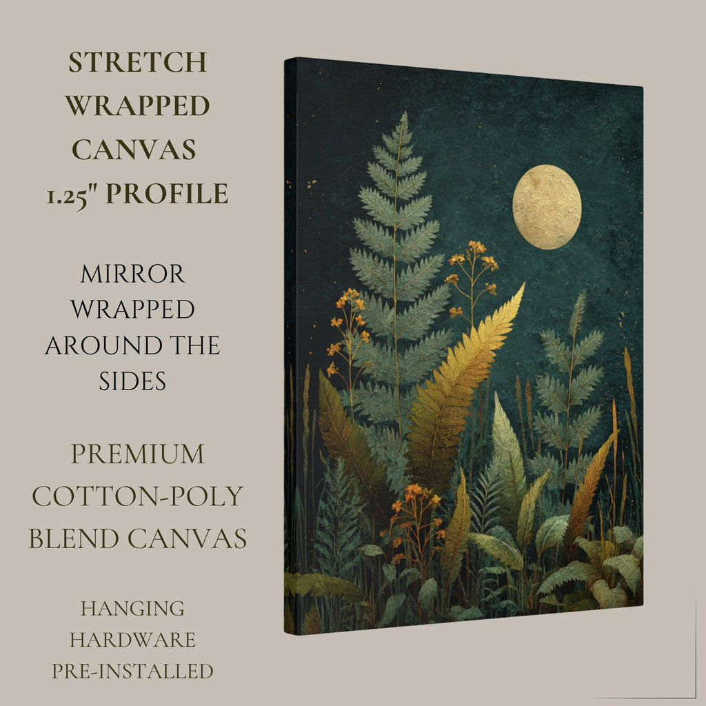 Moon Fern Wall Art Print, Teal Botanical Night Painting, Gold Celestial Nature Decor