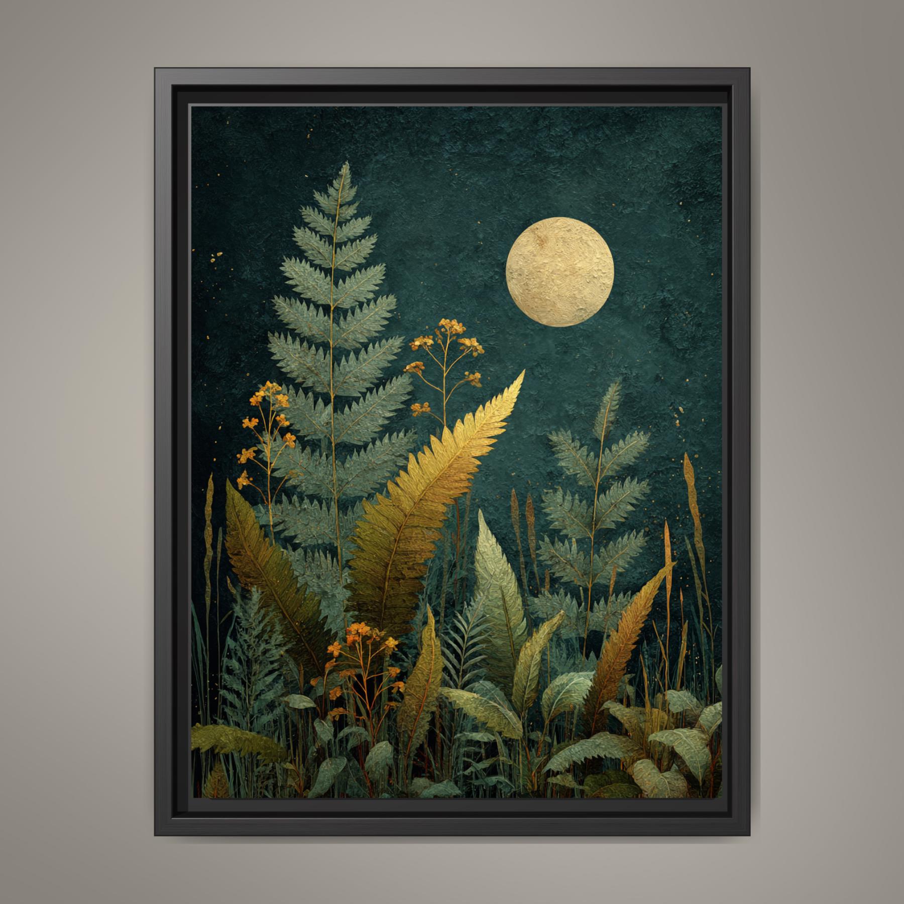 Moon Fern Wall Art Print, Teal Botanical Night Painting, Gold Celestial Nature Decor Main image