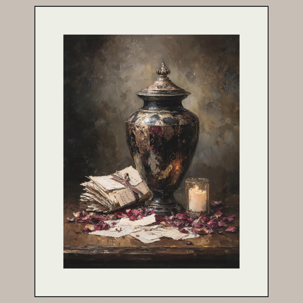 Antique Urn Wall Art Print, Love Letters Painting, Romantic Funeral Memorial Decor Artwork