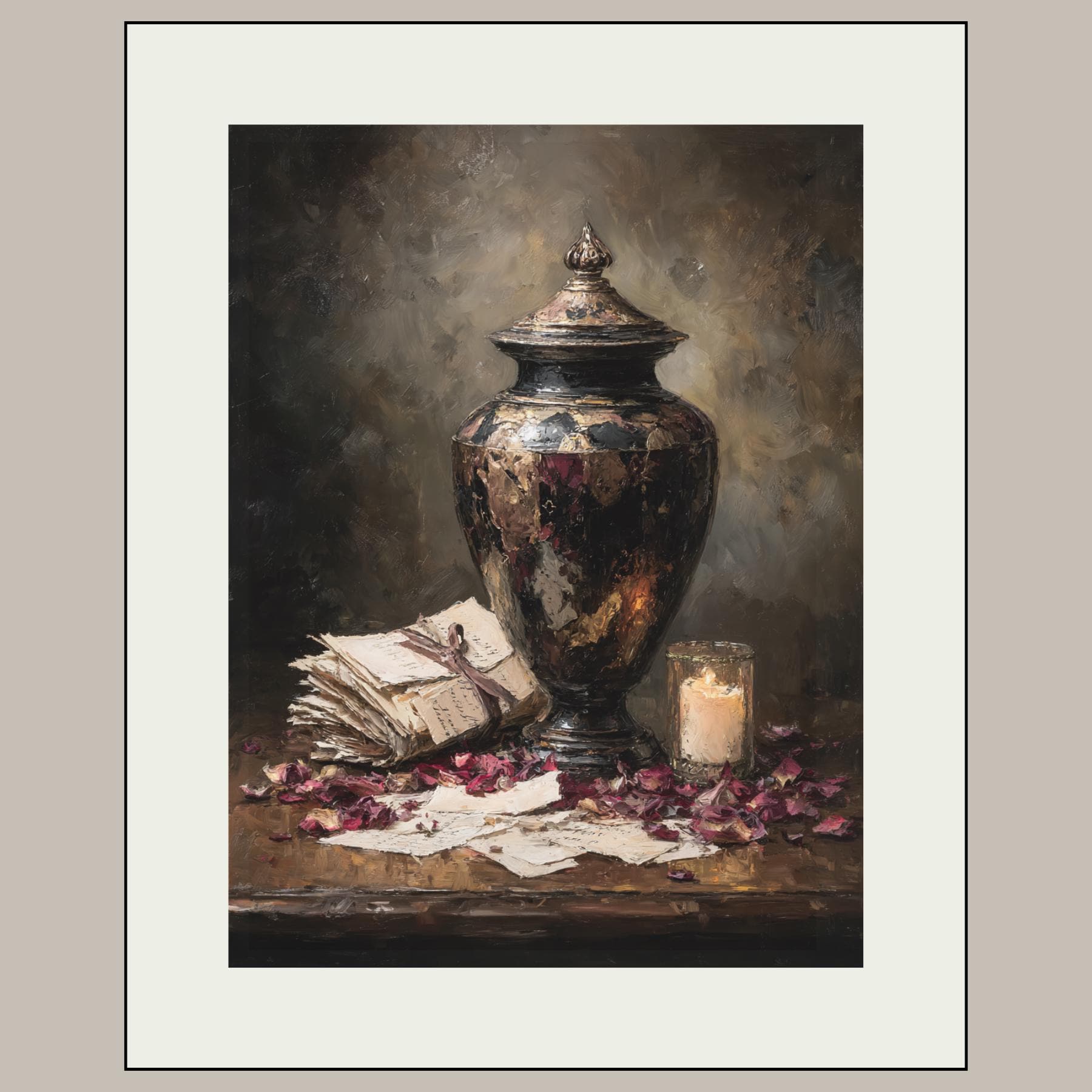 Antique Urn Wall Art Print, Love Letters Painting, Romantic Funeral Memorial Decor Artwork