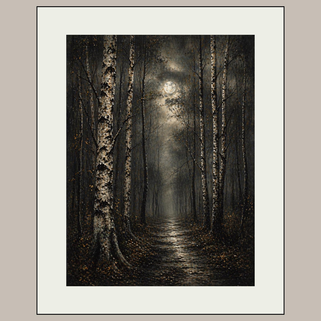 Birch Tree Wall Art Print, Misty Forest Painting, Moonlit Woodland Artwork