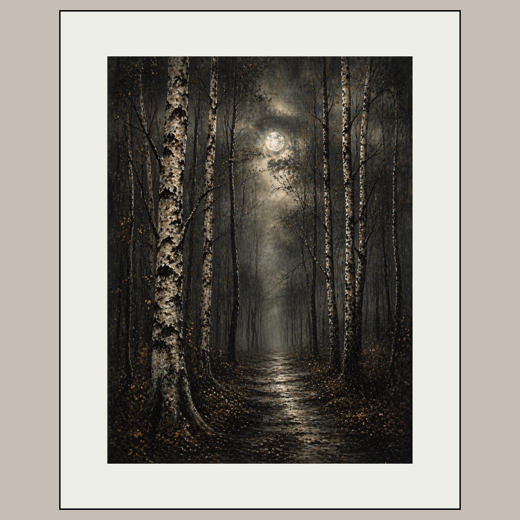 Birch Tree Wall Art Print, Misty Forest Painting, Moonlit Woodland Artwork