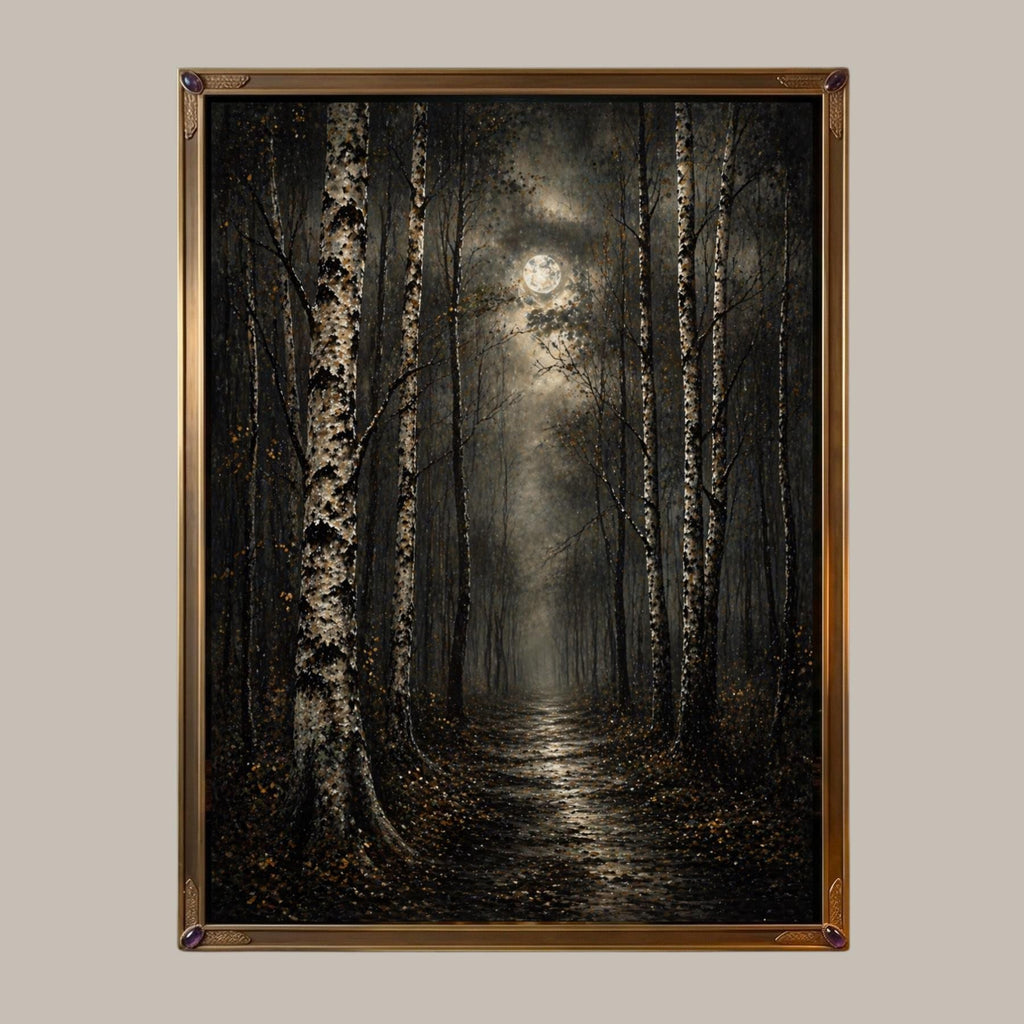 Birch Tree Wall Art Print, Misty Forest Painting, Moonlit Woodland Artwork