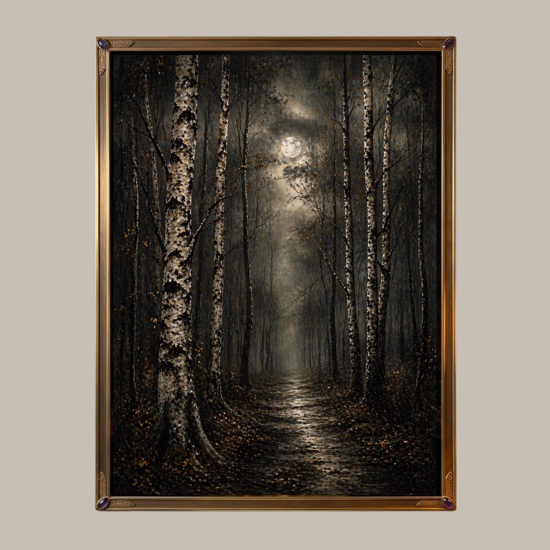 Birch Tree Wall Art Print, Misty Forest Painting, Moonlit Woodland Artwork