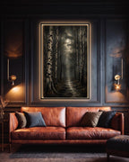 Birch Tree Wall Art Print, Misty Forest Painting, Moonlit Woodland Artwork