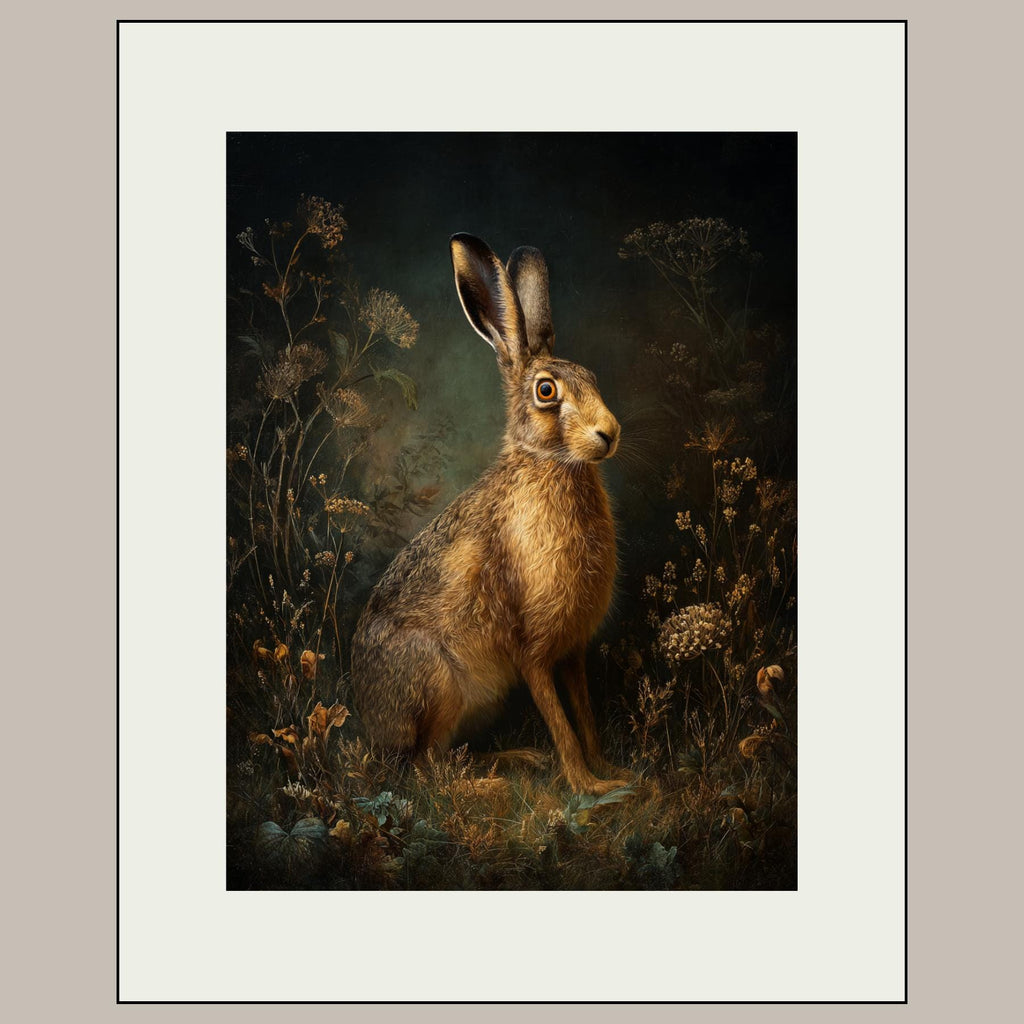 Hare Wall Art Print, Moody Woodland Animal Portrait, Dark Academia Nature Decor Artwork
