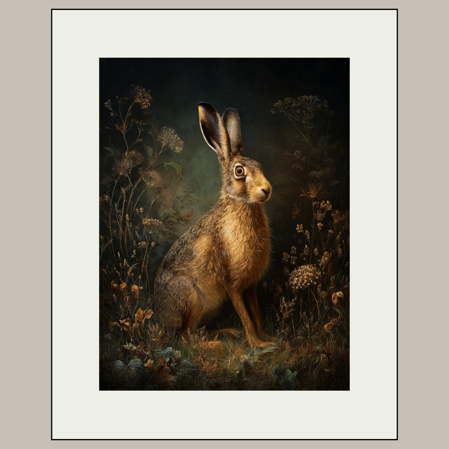 Hare Wall Art Print, Moody Woodland Animal Portrait, Dark Academia Nature Decor Artwork
