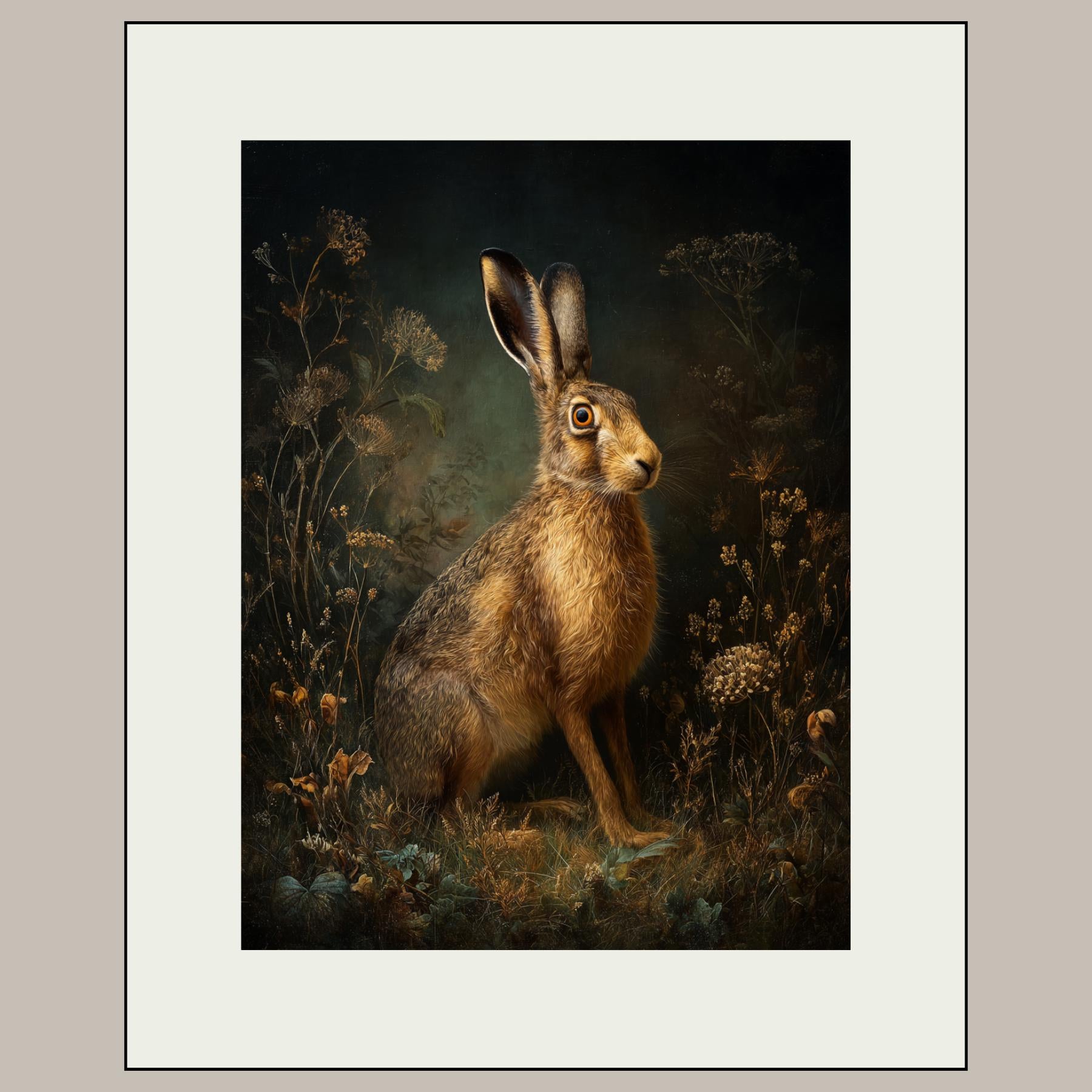 Hare Wall Art Print, Moody Woodland Animal Portrait, Dark Academia Nature Decor Artwork