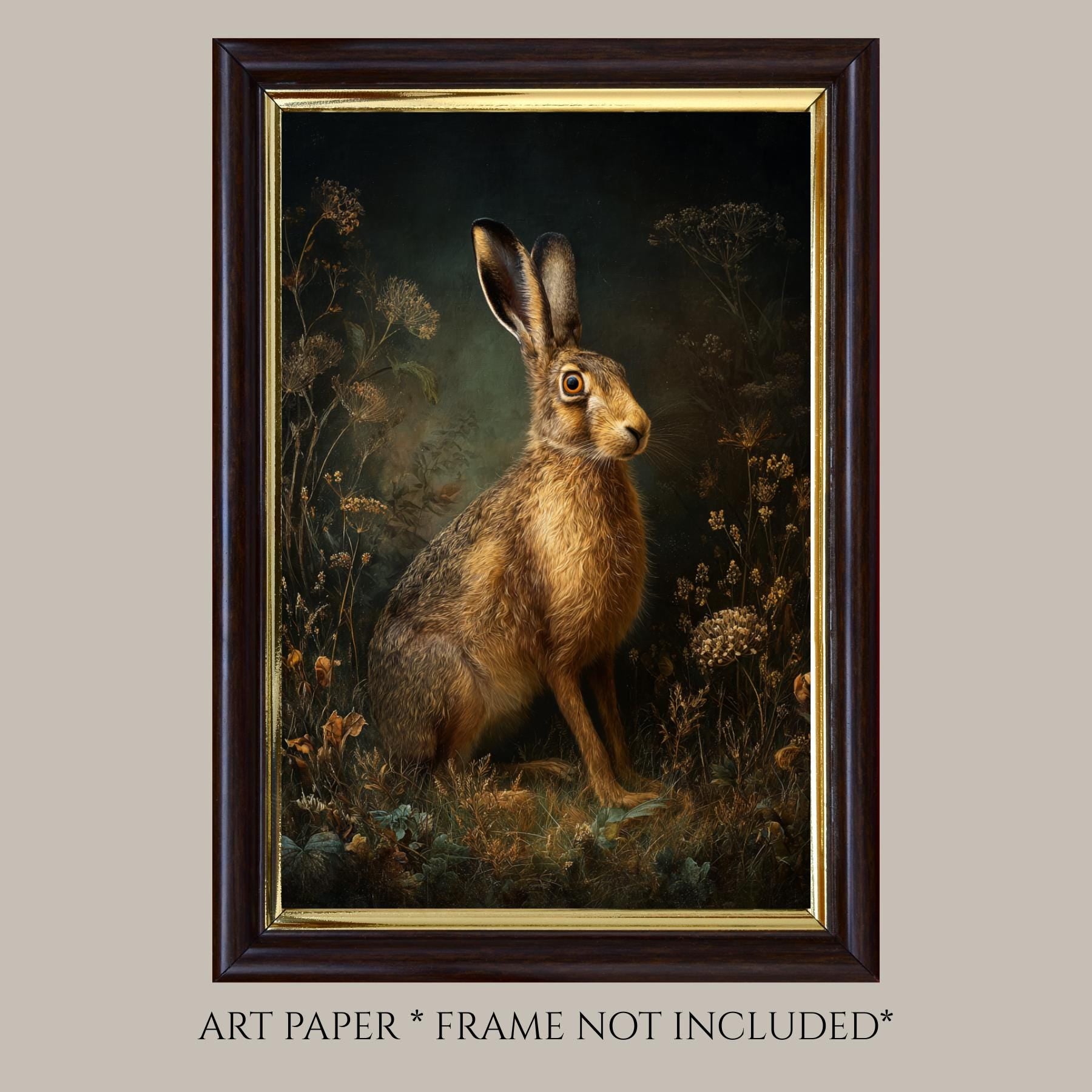 Hare Wall Art Print, Moody Woodland Animal Portrait, Dark Academia Nature Decor Artwork