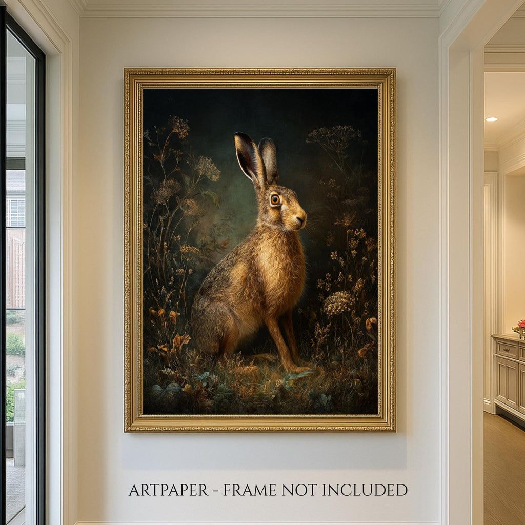 Hare Wall Art Print, Moody Woodland Animal Portrait, Dark Academia Nature Decor Artwork