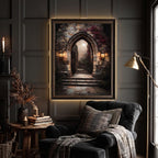Gothic Archway Wall Art Print, Moonlit Stone Steps, Dark Academia
