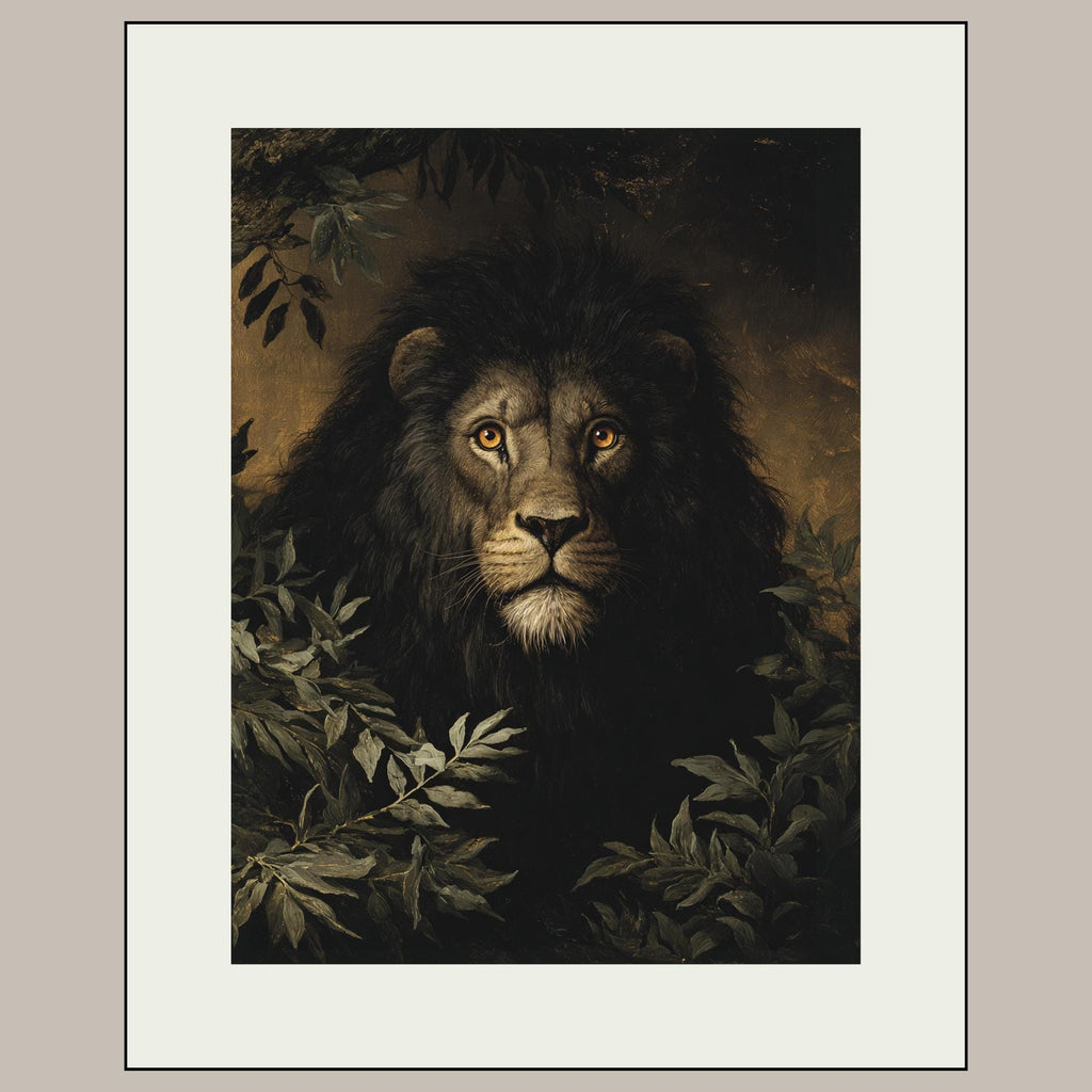 Black Lion Jungle Wall Art Print, Moody Wildlife Portrait, Masculine Dark Academia Decor Artwork