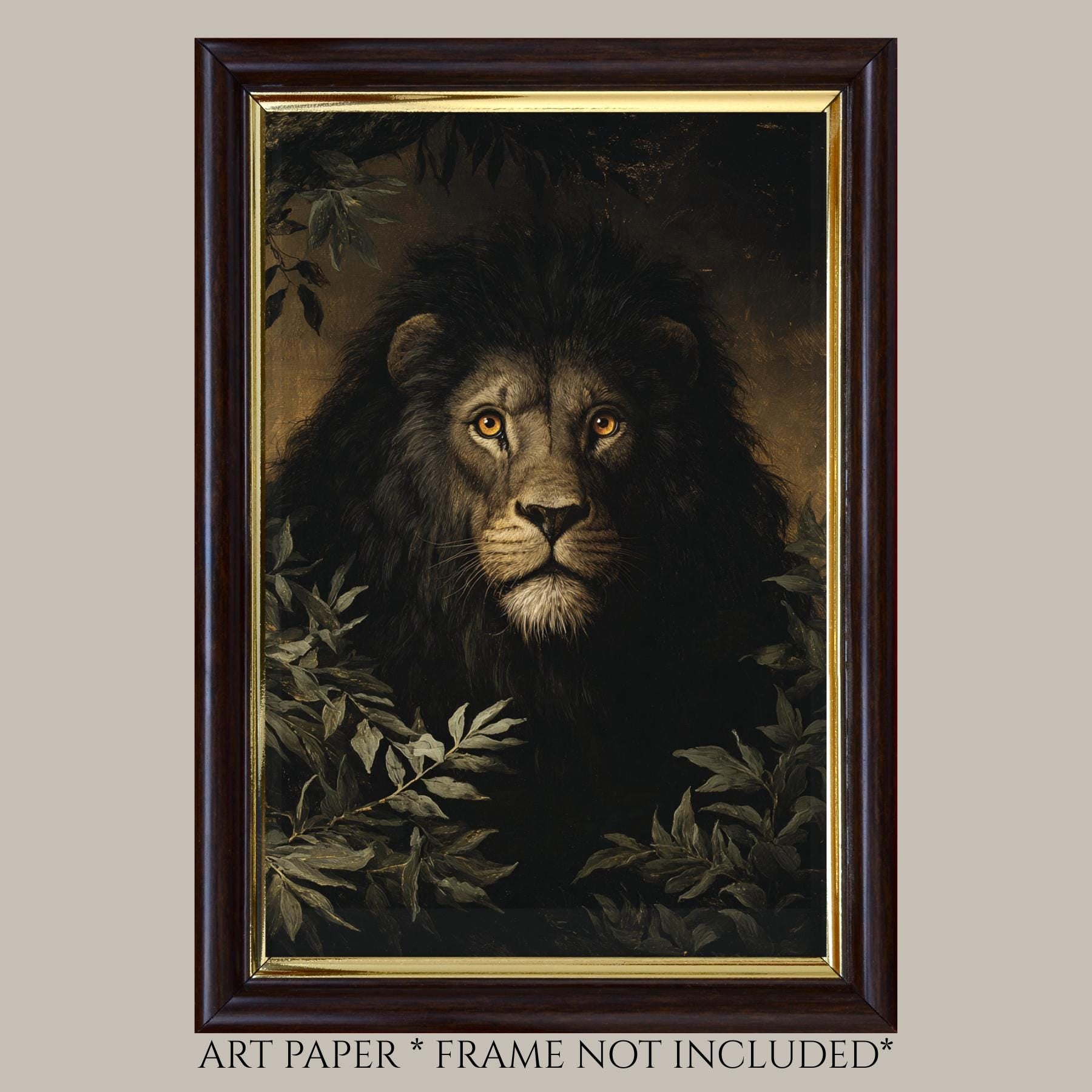 Black Lion Jungle Wall Art Print, Moody Wildlife Portrait, Masculine Dark Academia Decor Artwork Secondary image