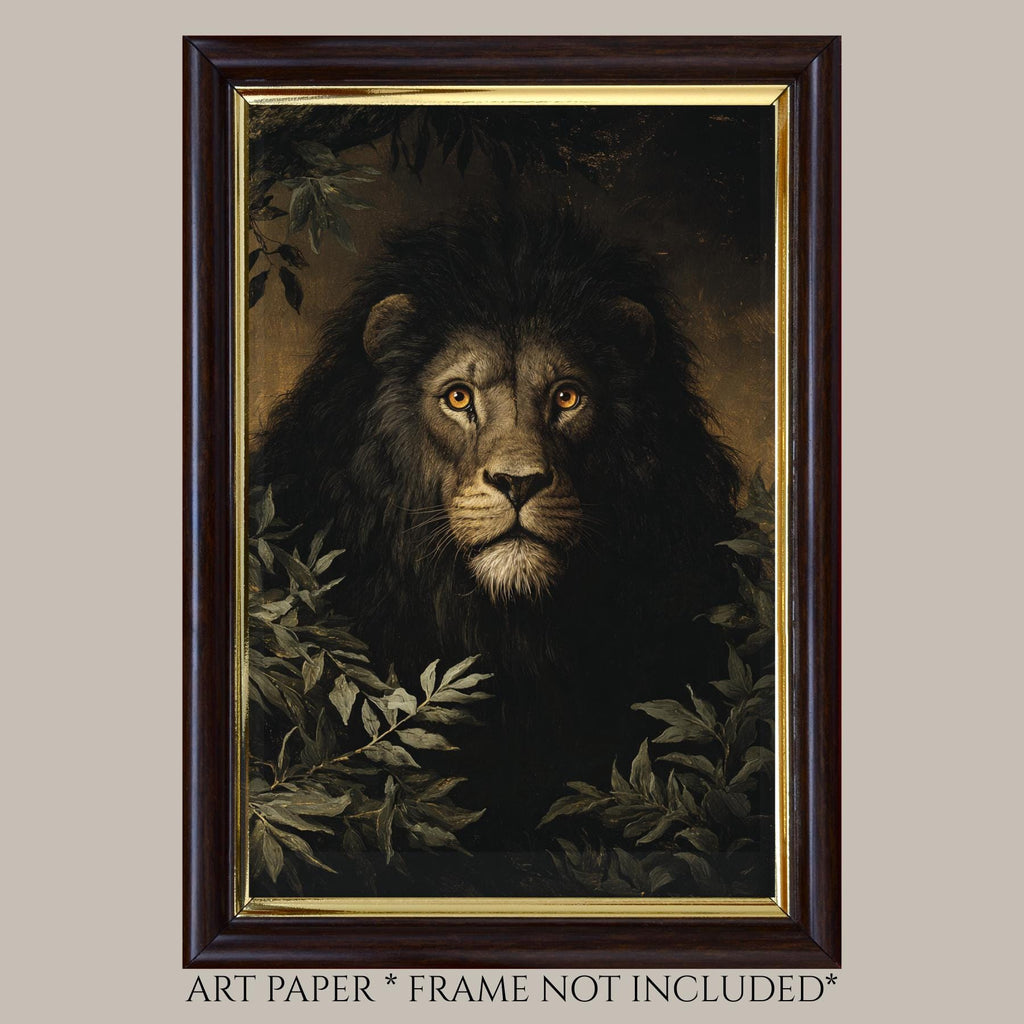 Black Lion Jungle Wall Art Print, Moody Wildlife Portrait, Masculine Dark Academia Decor Artwork