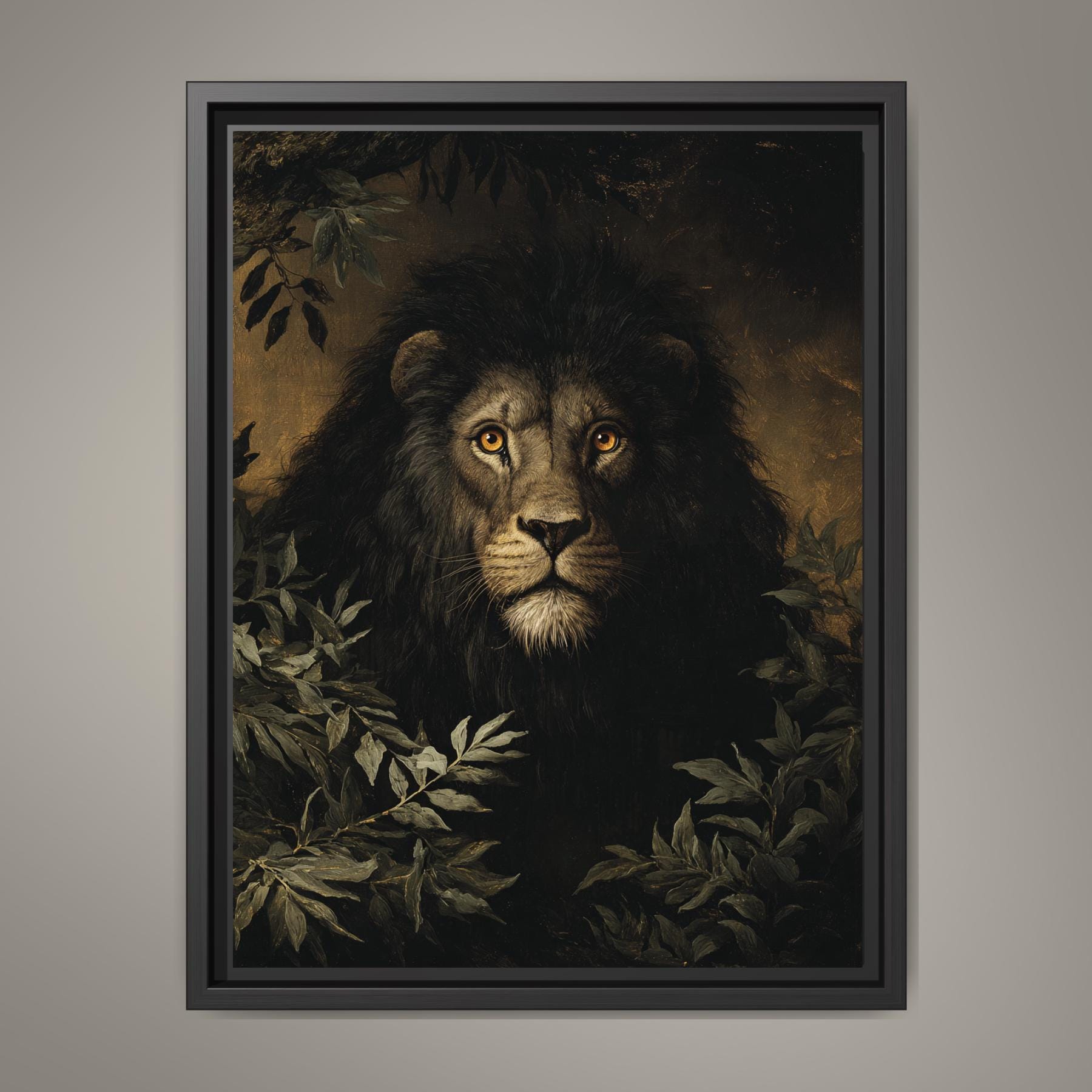 Black Lion Jungle Wall Art Print, Moody Wildlife Portrait, Masculine Dark Academia Decor Artwork