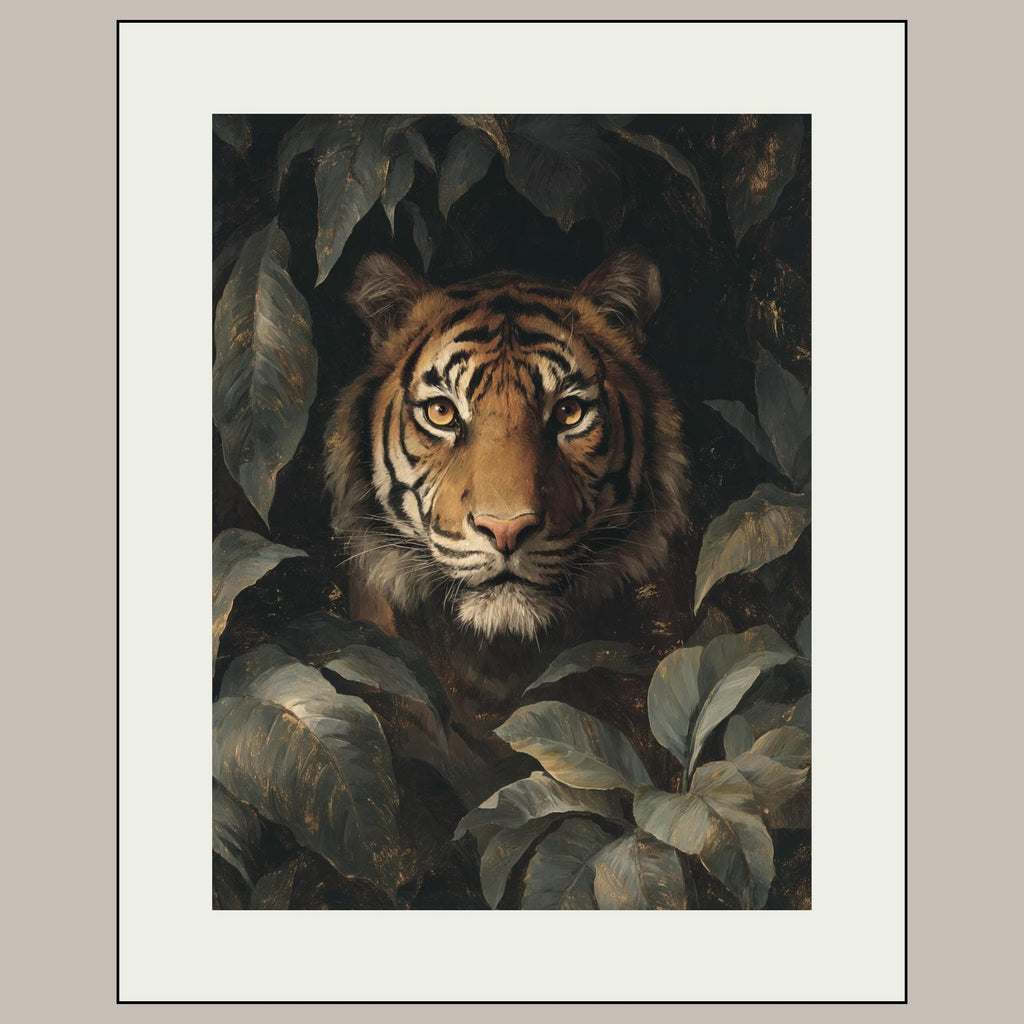 Tiger Wall Art Print, Moody Jungle Wildlife Portrait, Masculine Dark Academia Decor Artwork