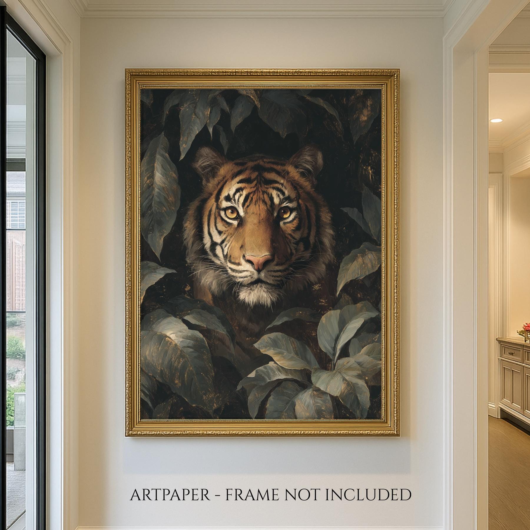 Tiger Wall Art Print, Moody Jungle Wildlife Portrait, Masculine Dark Academia Decor Artwork