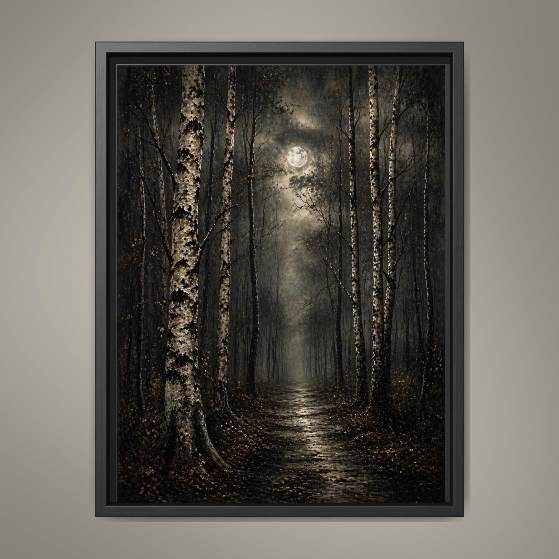 Birch Tree Wall Art Print, Misty Forest Painting, Moonlit Woodland Artwork