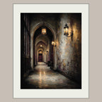 Candlelit Stone Hallway Wall Art, Gothic Corridor Print, Dark Academia Printed Artwork