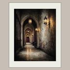Candlelit Stone Hallway Wall Art, Gothic Corridor Print, Dark Academia Printed Artwork