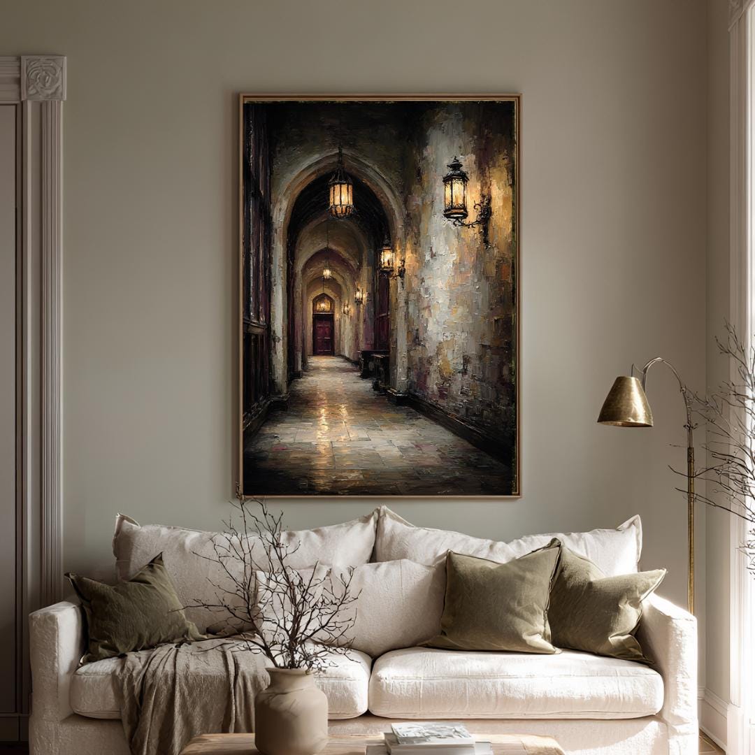 Candlelit Stone Hallway Wall Art, Gothic Corridor Print, Dark Academia Printed Artwork